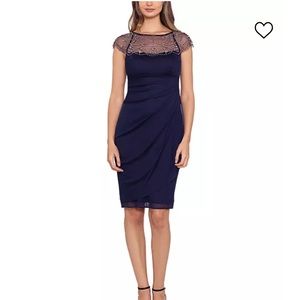 Beaded Side-Gathered Cocktail Dress Navy Blue